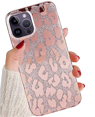 J.west Case Compatible With Iphone 14 Pro Max Case,Luxury Sparkle Glitter Metallatic Leopard Print Cheetah Soft Tpu Cover For Women Shiny Aesthetic Animal Pattern Protective Phone Case Rose Gold #TOP21