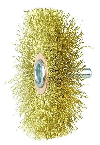 Image of Weiler 17641V 3 inch Stem-Mounted Crimped Wire Wheel, .0118 inch Brass Fill, 1 /4 inch Stem, Vending Ready, Made in The USA