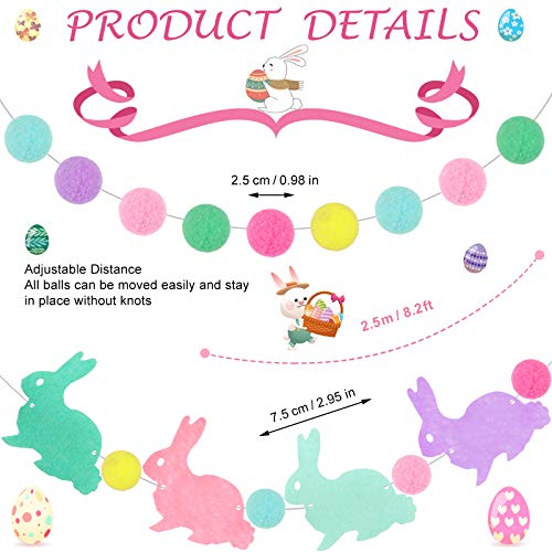 3 Pieces Easter Pom Pom Garlands Colorful Felt Ball Garlands Felt Bunny Ball Garland Pom Pom Hanging Garland Decorations for Easter Holiday Birthday Party Decorations by Boao - Image 2