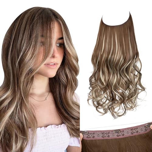 Image of SARLA 14 inch Wavy 4.3oz Synthetic Wavy Halo Hair Extension Natural Hairpieces No Clip No Glue No Tape Size can be adjusted (M04,9H613)