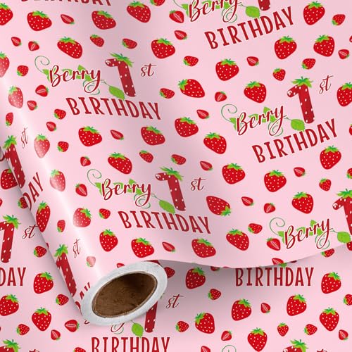 RUSPEPA Berry 1st Birthday Wrapping Paper Roll for Girls Mini Roll Sweet Pink Strawberry Design Gift Wrap for Baby Girl First Birthday Party New Born Baby Shower Christening 17 Inches x 16.4 Feet