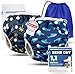 KIDVERSE 2er Set Schwimmwindel Baby 0-3 Jahre - Hautfreundliche Schwimmwindeln wiederverwendbar & saugstark - Baby Schwimmwindel mit Tasche & W&auml;schenetz (Palms Blue Sharks 2er)