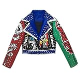 Hzikk Rivet Mit Perlen Verziert PU-Lederjacke Female Hit Farbe Graffiti Beschriften Das Gedruckte Oberbekleidung,Multi,L