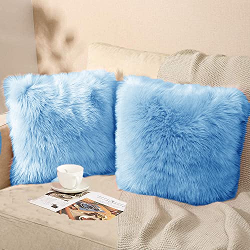 Image of Fur Cushion Pillow Cover for Set of 2 Pillow - 13x13 Inches (Blue)