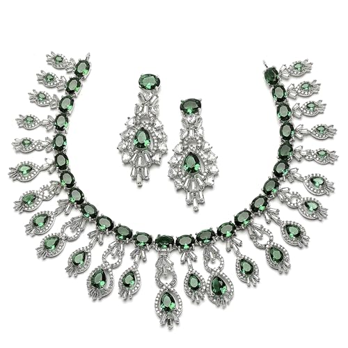 Image of ZENEME Rhodium-Plated American Diamond Studded Oval & Teardrop Shaped Necklace With Earrings Jewellery Set For Girls and Women