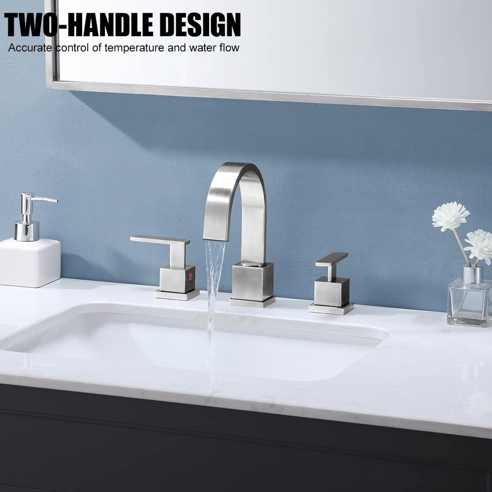KINGO HOME 3 Hole Widespread Brushed Nickel Bathroom Faucet,Modern Waterfall 8 inch 2 Handle Bathroom Sink Faucet Vanity Bathroom Faucet for Sink 3 Hole with Pop Up Drain and Water Supply Lines