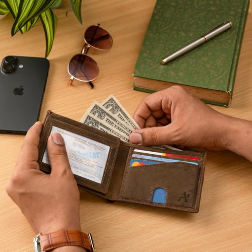 ALIKA Full Grain Hunter Leather Wallet for Men | RFID Blocking | Soft and Stylish Bifold Wallet with 8 Credit Card holder, 2 ID slots and 2 Cash Pockets | Forest Brown2