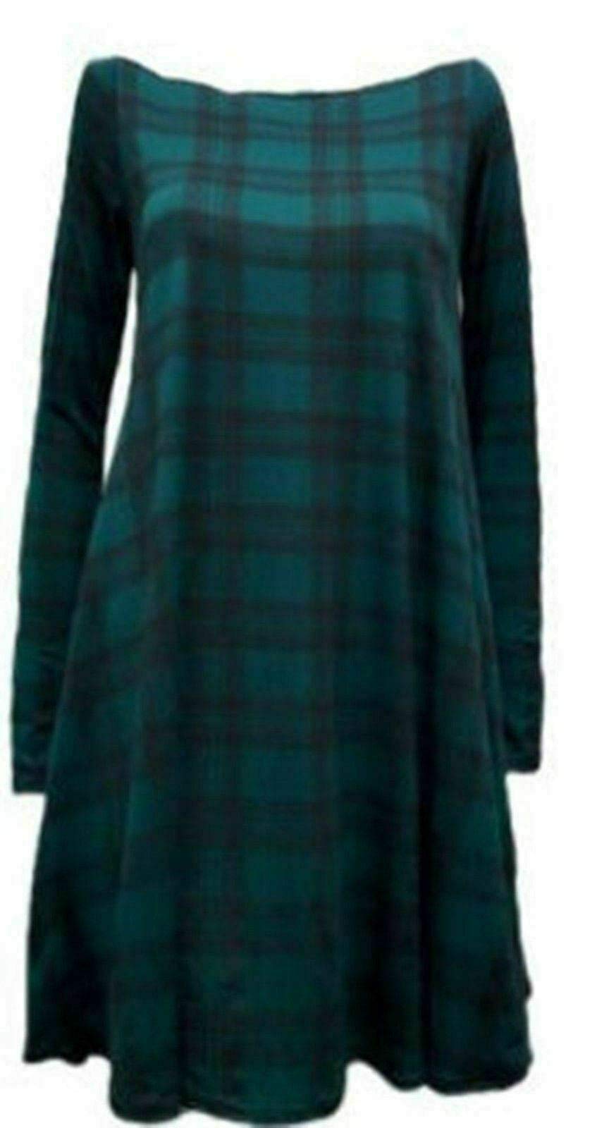 Fairy Boutique Women's Dark Green Tartan Plain Long Sleeve Stretch A Line Swing Dress Flared Skater Top Printed Plus Size T-Shirt 8-26 ( Uk 24-26)