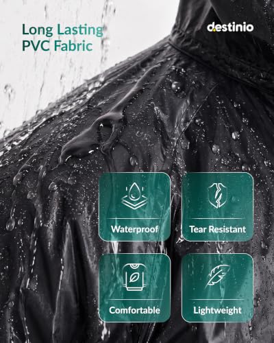 Image of Destinio Poncho for Men, Poncho for Women-Thick Waterproof PVC, Rain Coat, Reusable - Transparent Pocket Raincoat with Hood, Full Cover for Bag in Travel, Trekking, Bike Riders