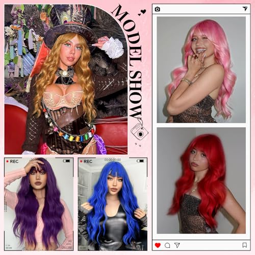 NOSTALGIA Pink Wig with Bangs for Women, 26 Inch Long Wavy Synthetic Wig | Heat Resistant Synthetic Fiber, Trimmable Bangs, Lightweight for Daily Wear, Cosplay, Parties, Festivals, and Halloween - image 5