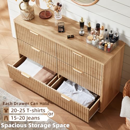 LEYAOYAO Fluted 6 Drawers Dresser for Bedroom, 48" Wide Modern Chest of Drawers with Metal Handle, Natural Curved Profile Farmhouse Closet Organizer Wood Dressers TV Stand for Living Room, Hallway