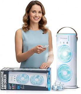 Drumstone (𝐒𝐩𝐞𝐜𝐢𝐚𝐥 𝟏𝟓 𝐘𝐞𝐚𝐫𝐬 𝐖𝐚𝐫𝐫𝐚𝐧𝐭𝐲) 4000mAh Double Ended Spray Fan | USB Rechargeable Mini Air Cooler with LED Light, Touch & Remote Control, 280ml Water Tank, Ice Filling,