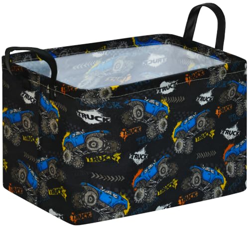 Image of Rectangular Monster Truck Storage Basket for Boys, Basket Trucks Toy Storage Bin with Handles, Collapsible Organizer Basket for Kids Bedroom, Playroom and Clothes Storage