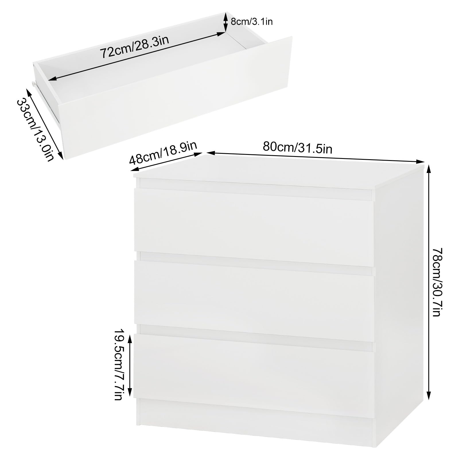 WOLTU Kommode mit 3 Schubladen, platzsparender Kommodenschrank | Sideboard in Hochglanz Weiß, für Wohnzimmer Schlafzimmer Büro, 80 x 78 x 48 cm