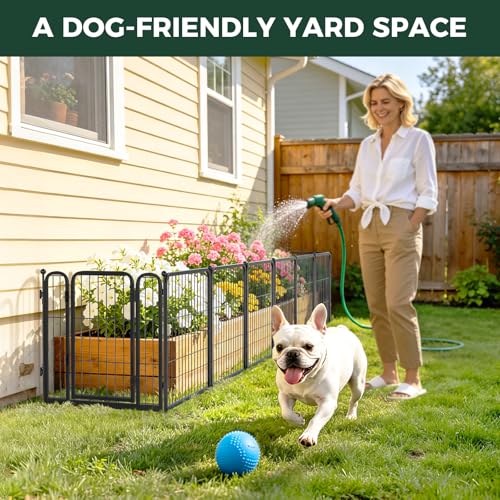 Image of FXW Garden Fence Outdoor for the Yard - 24in(H) x 15.2ft(L) Heavy Duty Metal Animal Barrier for Dog, No Dig Decorative Dog Fence with Fence-to-Wall Anchor (Pack of 4), 8 Panels, Black
