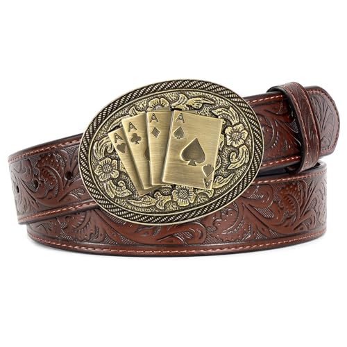 SANSTHS Western Cowboy Belt for Men Bull Buckle Belt Womens Western Floral Engraved Leather Belts for Jeans