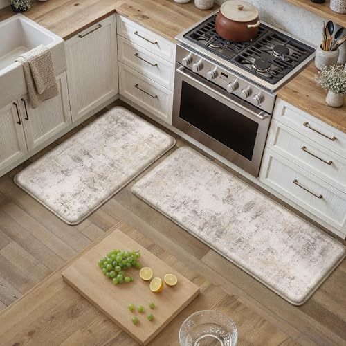 Neutral Kitchen Mats for Floor Anti Fatigue Mat for Cushioned Beige Vintage Waterproof Non-Slip Kitchen Mats Comfort Standing Rug for Sink Laundry Office 17.3"×30" 17.3"x30"--0.4inch Beige