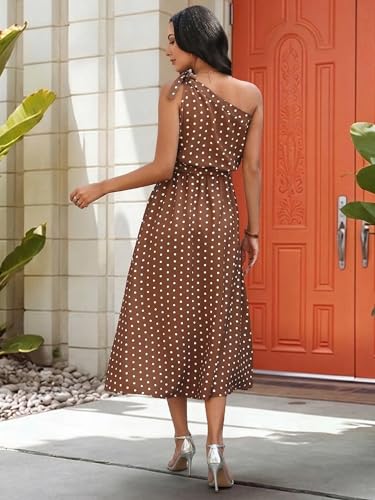 Image of ECOWISH Womens Summer One Shoulder Maxi Dress Casual Polka Dot Midi Dresses Sleeveless Long Pockets Sundress Beach Vacation