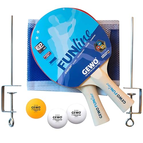 GEWO Free TIME Schlägerset - Komplett-Set mit Zwei Tischtennis-Schlägern Tischtennis-Netz und Bällen - 2 Schläger FUNline Griff konkav Mobile Netzgarnitur mit Klemmen und 3 TT-Trainingsbälle 40+