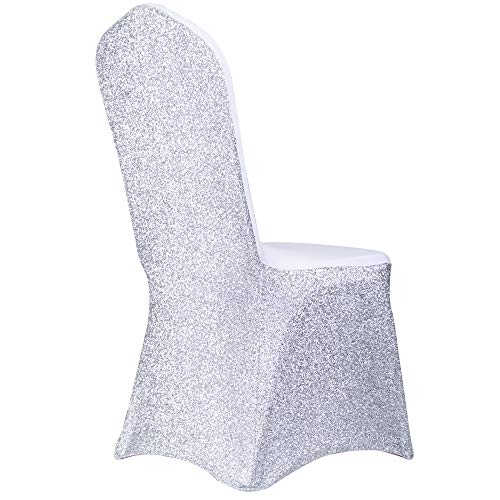 Time to Sparkle 4pcs Glitter Chair Cover Spandex Universal Stretch Slipcovers Wedding Banquet Party, Glitter-Sliver