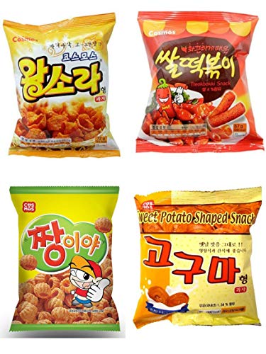 KOREAN Snacks 4 Count Essentials Single Size Packs of Snacks,Jjangiya, Spicy Rice Cake Tteokboki, Sweet Potato, and Sea Shell Snacks. Snack box for Kids, Students, Adult & Senior by K Snack Finest