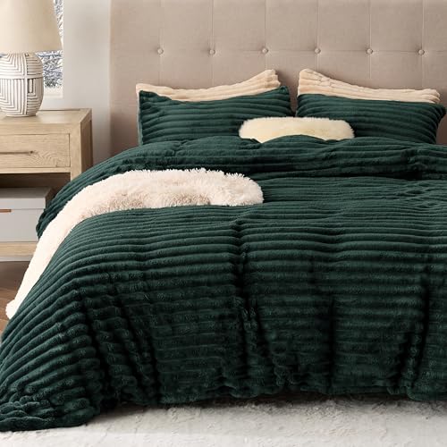 Bedsure Fluffy Duvet Cover Set - Ultra Soft Plush Shaggy Comforter Cover Queen Size, Warm Flannel Fleece Bed Sets for Winter, 3 Pieces (Striped Pattern, Forest Green)
