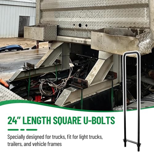 Image of 24 Inch Square Bend U-Bolt Kit for Truck Chassis | Heavy-Duty Steel Suspension Leaf Spring U Bolts with 6 Inch Tie Plates