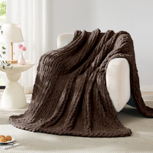Image of L'AGRATY Chunky Knit Throw Blanket for Couch, 50 x 60 Inches, Cocoa Brown