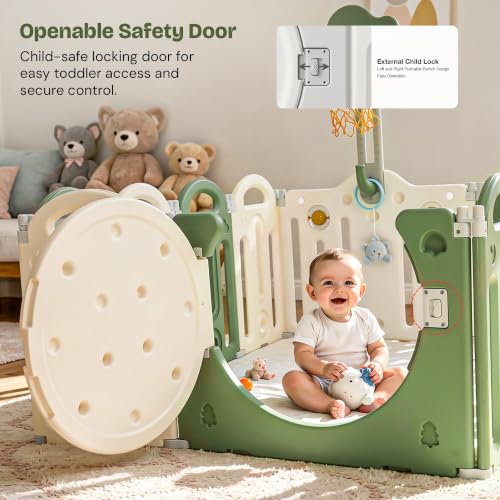 Image of Baybee Kids Playpen for Babies | Foldable Baby Play Area Indoor Setup with Basket Ball Hoop, Safety Door Lock & Double Knob | Outdoor Play Pen for Baby for 0 - 5 Years Boys Girls | Baby Activity Playards with Kids Customized Shapes (Green-14 Panels)