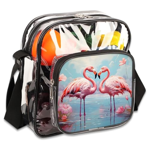 Clear Crossbody Bag Stadium Approved Flamingos Transparent Bag for Festivals, Sports Events, Concerts,Beach Bag for Women Men Clear Purse with Front Pocket Messenger Bag with Adjustable Strap