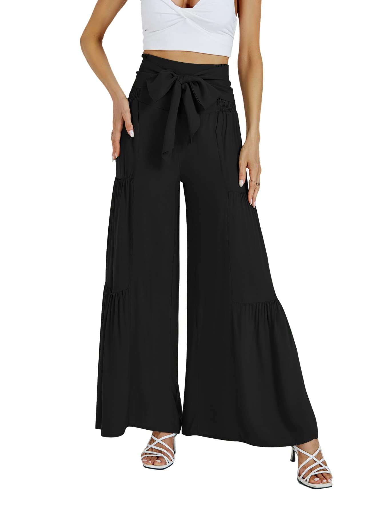 Womens Casual Tie Front Smocked High Waist Wide Leg Pleated Palazzo Lounge Pant