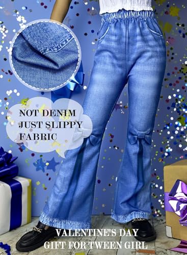 Girl's Imitation Denim Print Flare Pants - 3D Bowknot Raw Hem Jeans Graphic Leggings Bell Bottom Outfits4