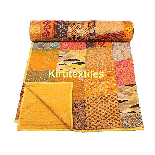 Image of Silk Hand Made Design Kantha Quilt Blanket, Bed Cover, Bedspread (Size 90 inch X 108 inch) - Multicolour