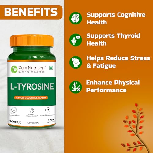 Image of Pure Nutrition L Tyrosine (500mg), 120 Veg Capsules | Supports Cognitive Health, Memory, Focus & Brain Function | Reduces Stress & Fatigue | Promotes Thyroid Health