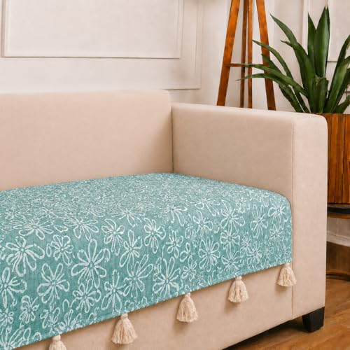 Image of STITCHNEST 'Verdant Phool Stories' 1 Seater Sofa Cover| Elegant Jacquard Fabric, Decorative Tassels, Washable & Durable for Modern Living