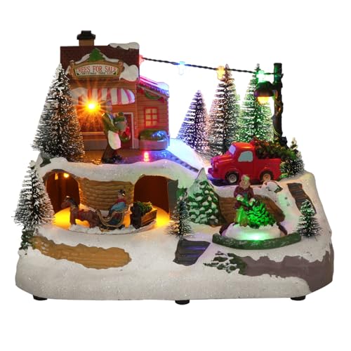 Christmas Village House - Festival Scene Moving Carriage and Santa Claus with Led Lights, Music for Christmas Party Home Decorations Red
