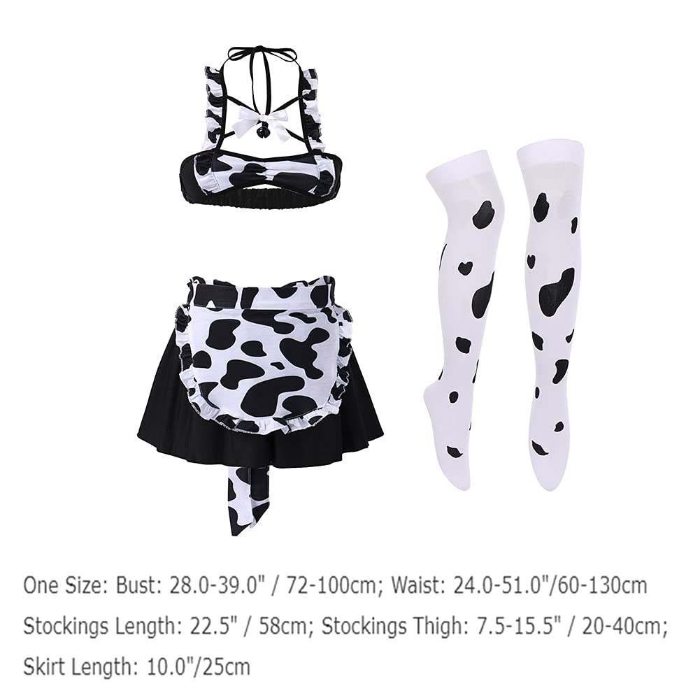 FYMNSI Women Sexy Milk Cow Lingerie Set Anime Maid Cosplay Costume Mini Bikini Bra Bodysuit with Bell Choker Stockings Outfit: One Size Cow Dress Set