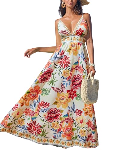 CUPSHE Women's Summer Dresses Casual Spring V Neck Sleeveless Floral Beach Vacation Long Spaghetti Strap Flowy Maxi Dress