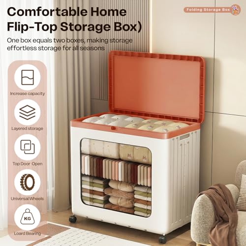 Image of StarAndDaisy Extra Large Foldable Plastic Storage Box with Wheels, Flip-Top Clothing Organizer for Quilts, Toys & Seasonal Clothes (PP+ABS, Standing Type) - 32cm x 50cm