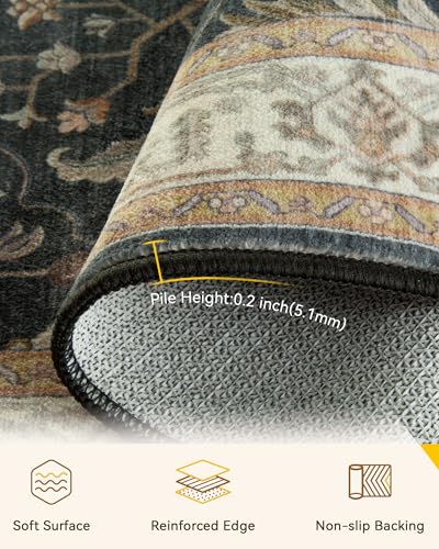 Image of RELEANY Washable Area Rug, 5'x7', Black /Vintage /Beige | Non-Slip, Water Repellent, Pet Friendly, Easy to Clean, Vintage Floral Boho Decor for Living Room Bedroom Dining Room Office