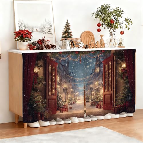 Image of Self Adhesive Vintage Street View Cabinet Curtain for Mother's Day, 39x28 Inch Open Door Scenery Under Sink Skirt No Drill, Spring Cleaning Kitchen Decor, Hook and Loop Valance