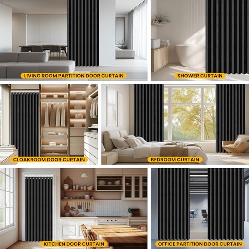 Image of AJAZZ Blackout Magnetic Door Curtain with Curtain Rods 39-52 in Length Pleated Door Curtain Folding Door Invisible Applicable Bedroom Room Living Room Doorway (1 Panel, 53 W x 78 L, Black)