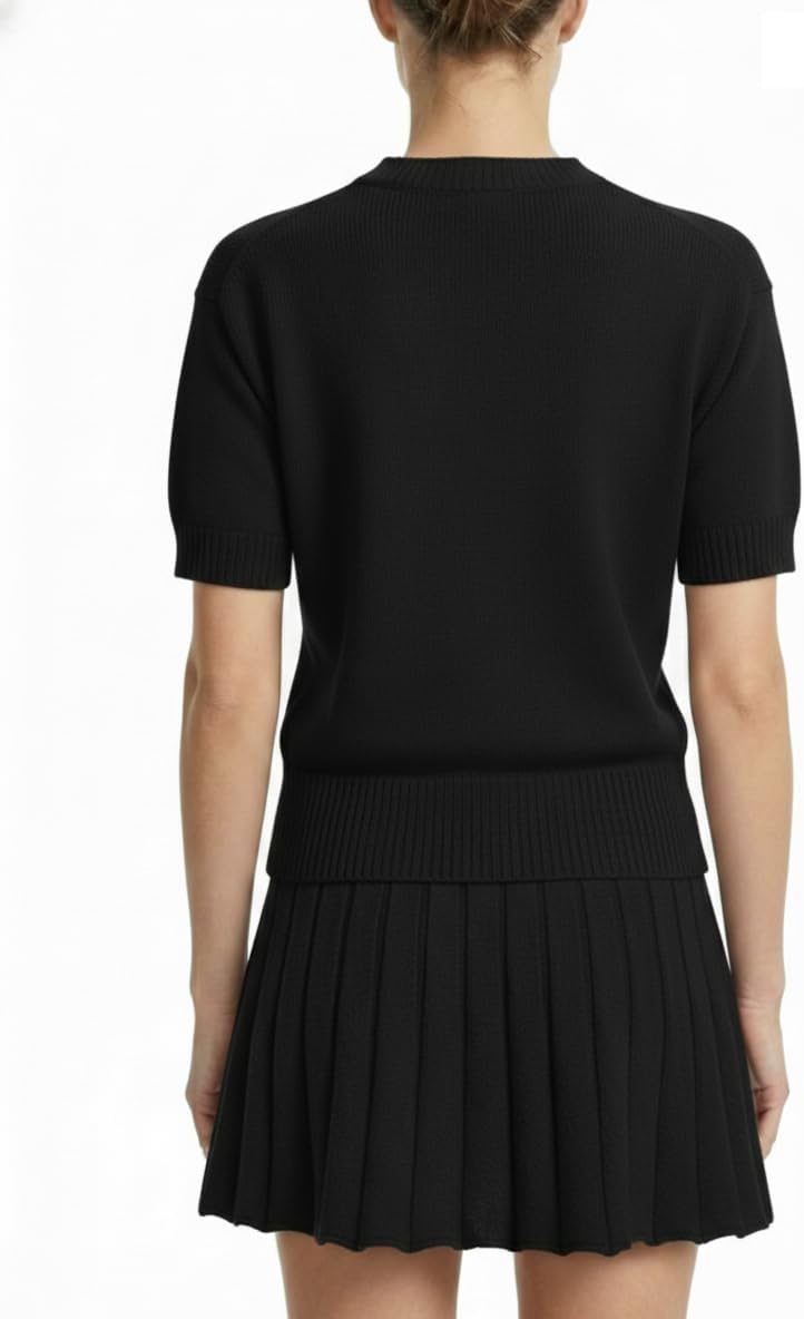 Womens 2 Piece Outfits 2026 Short Sleeve Crewneck Knit Tops And Pleated Mini Skirt Two Piece Sets - Image 4