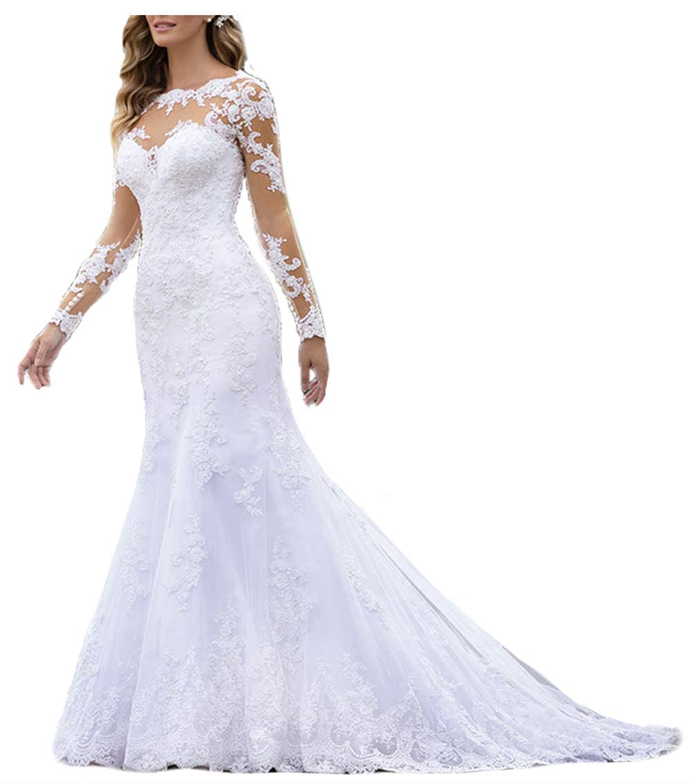 Aplicación de Encaje Vestido de Novia de Manga Larga Vestido de Novia Civil, WZEFEIO, Blanco, 32