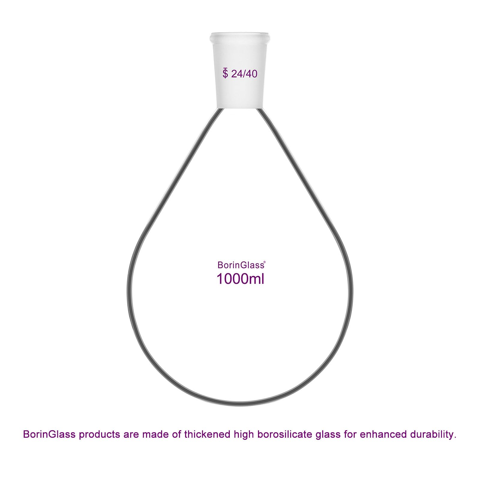 BorinGlass Butelka regeneracyjna 1000 ml, butelka laboratoryjna z pojedynczą szyjką do destylacji, ogrzewania i mieszania, szkła borokrzemowego