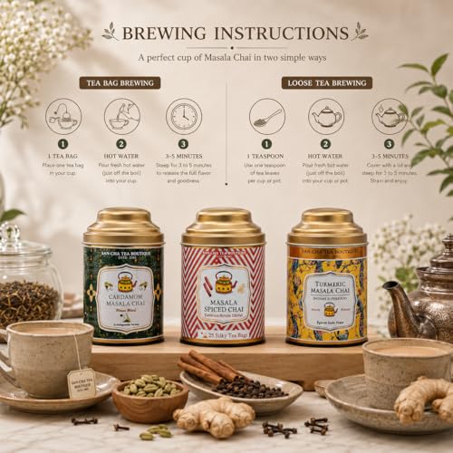 Image of Sancha Tea Boutique, Masala Chai Bundle, Value Pack with Turmeric Masala Chai, Original 3 Spice & Cardamom Masala Tea, 50 Pyramid Tea Bags & 100g Loose Leaf