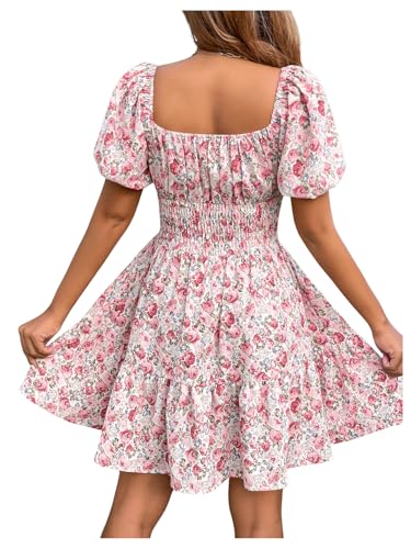 Damen A Linie Sommerkleid U-Ausschnitt Skaterkleid Rüschensaum Blumenkleid Print Urlaubkleid Kurzkleid mit Puffärmel – Bild 3