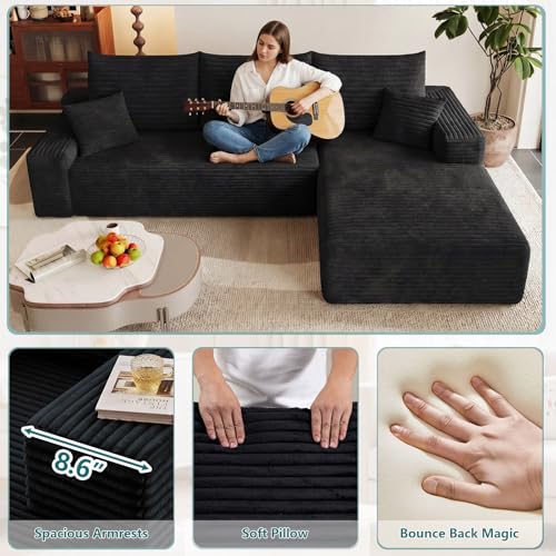 Image of 95 inch Modular Sectional Couch, Boneless L Shaped Cloud Sofa with Chaise Lounge, Corduroy Upholstered Couches Memory Foam Deep Seat, No Assembly Required, Ideal for Living Room(Black, Right Facing)