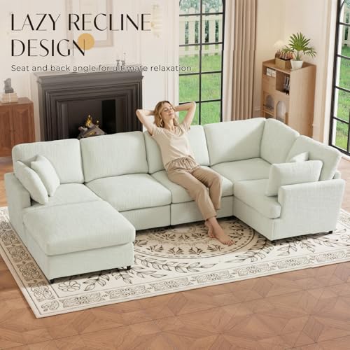 Image of 122.6 inch Chenille Modular Sectional 6 Seater Sofa, Deep Seat Couch with Ottoman & Removable Covers, Free Combination Modern Couch, L /U Shaped Modular Sectional Sofa, for Living Room, Apartment, Beige