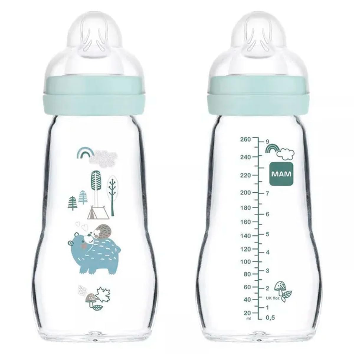 MAM - Bottiglia in vetro Feel Good Glass, 260 ml con tettarella, misura 1 dalla nascita, 2 pezzi
